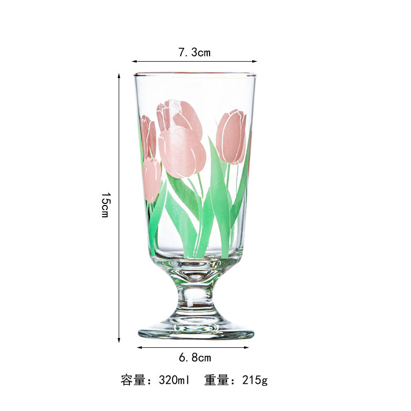 日系高腳貼花玻璃杯 鬱金香金邊水杯 早餐杯 耐高溫 水杯 造型玻璃杯