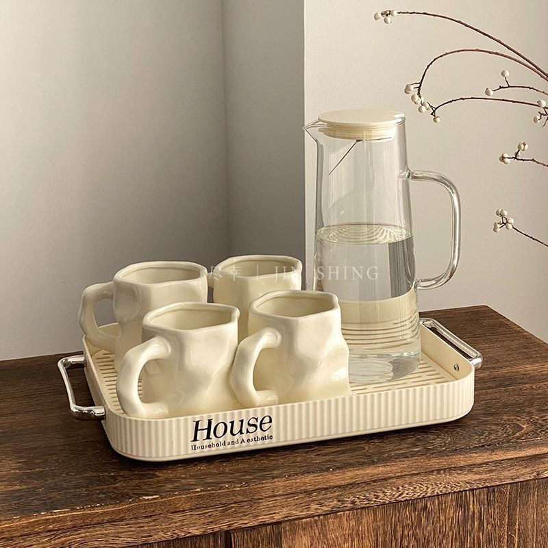 奶油風陶瓷水杯套裝 水壺 迎賓水杯 高級感 喬遷新居待客杯 扭扭馬克杯 茶壺杯具 茶盤