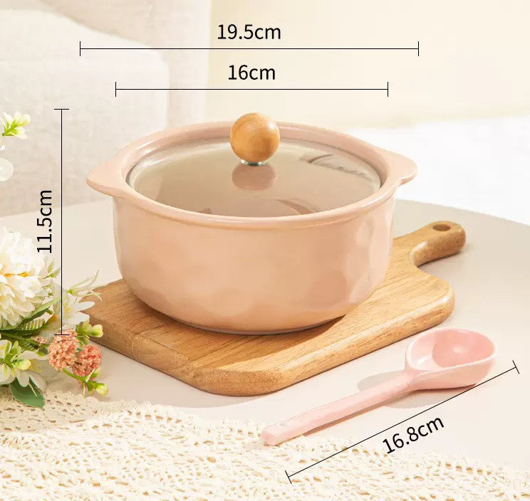 好宅選品 🏠 ins雙耳陶瓷湯碗 帶玻璃蓋 泡麵碗 湯碗 陶瓷 餐具