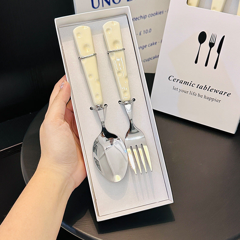 好宅選品 🏠 芝士餐具組 陶瓷柄 不鏽鋼叉匙 叉子 湯匙 西餐餐具