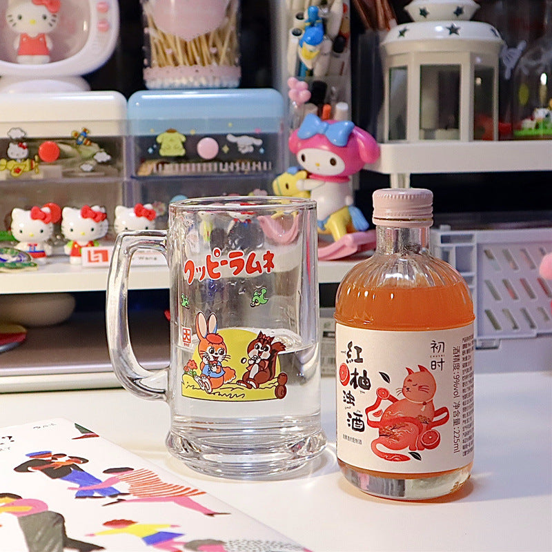 好宅選品 🏠 日式 復古 印花 松鼠兔子 玻璃杯 可愛 啤酒杯 果汁飲料杯