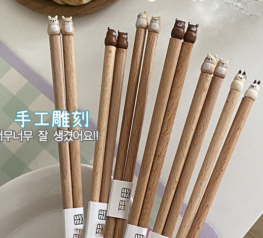 好宅選品 🏠 可愛卡通 小熊 兔子 小狗 小貓 實木筷 家用筷子 情侶 成雙成對 賀禮