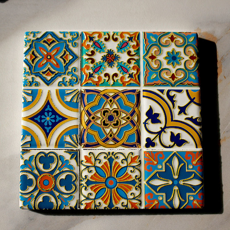 好宅選品 🏠 波希米亞 方形復古杯墊 隔熱墊 花磚 陶瓷咖啡杯墊 桌面裝飾品