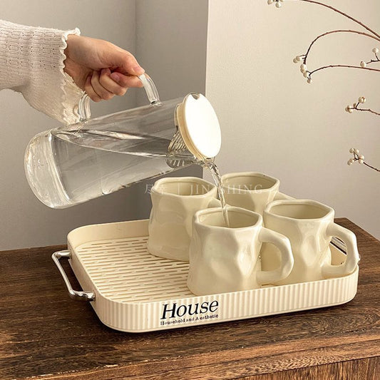 奶油風陶瓷水杯套裝 水壺 迎賓水杯 高級感 喬遷新居待客杯 扭扭馬克杯 茶壺杯具 茶盤