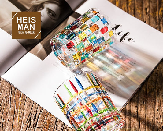 好宅選品 🏠 歐式撞色 威士忌酒杯 手繪彩色玻璃杯 創意彩繪水杯 洋酒杯 彩透玻璃杯