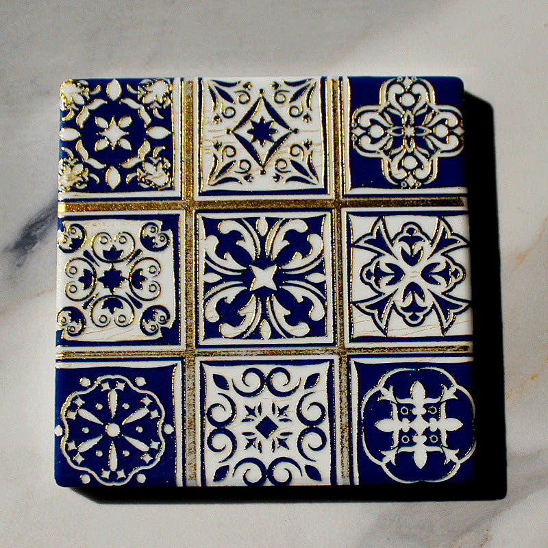 好宅選品 🏠 波希米亞 方形復古杯墊 隔熱墊 花磚 陶瓷咖啡杯墊 桌面裝飾品