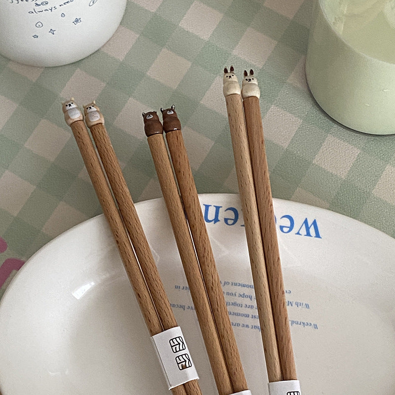 好宅選品 🏠 可愛卡通 小熊 兔子 小狗 小貓 實木筷 家用筷子 情侶 成雙成對 賀禮