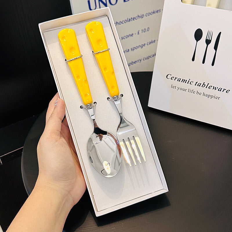 好宅選品 🏠 芝士餐具組 陶瓷柄 不鏽鋼叉匙 叉子 湯匙 西餐餐具