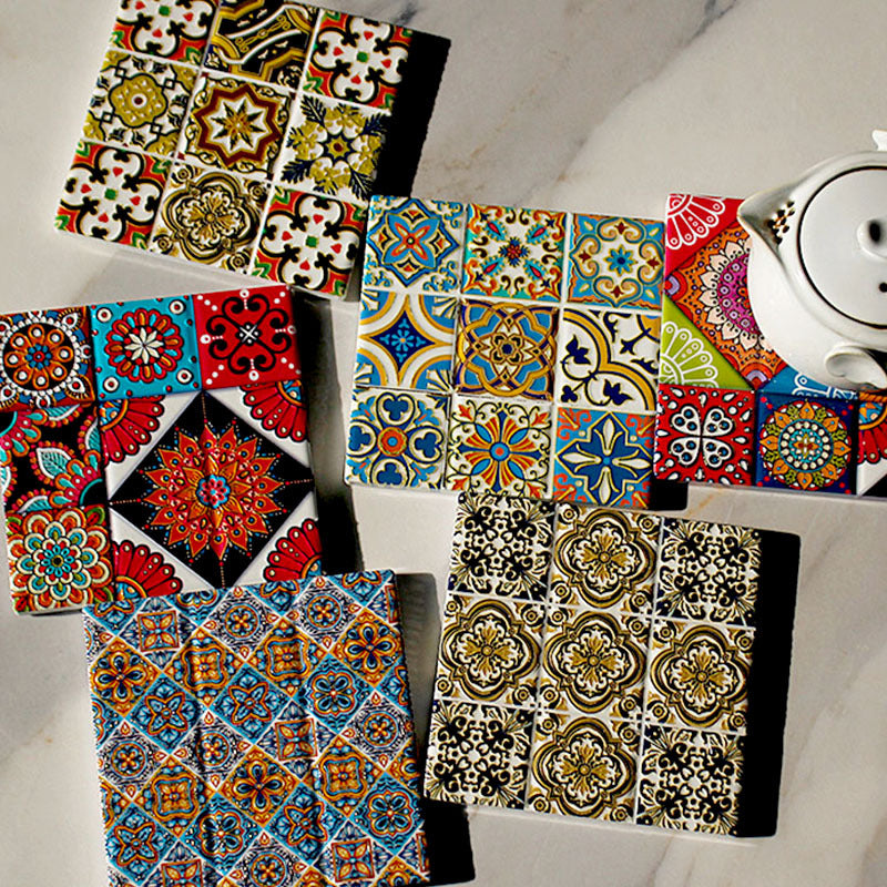 好宅選品 🏠 波希米亞 方形復古杯墊 隔熱墊 花磚 陶瓷咖啡杯墊 桌面裝飾品