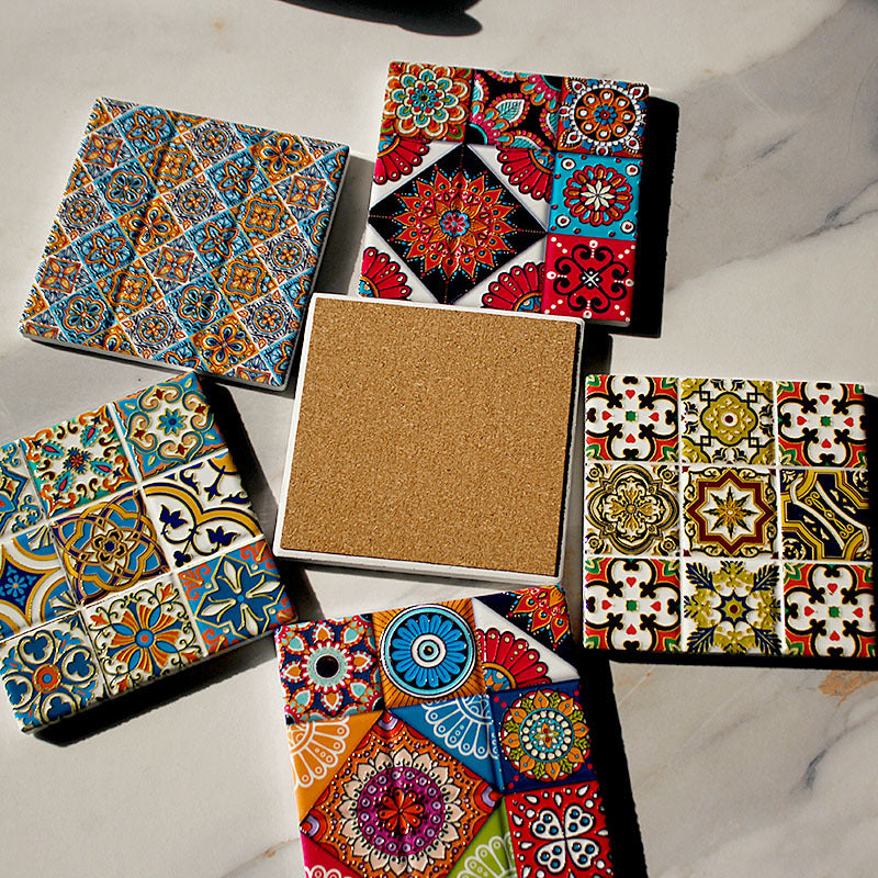 好宅選品 🏠 波希米亞 方形復古杯墊 隔熱墊 花磚 陶瓷咖啡杯墊 桌面裝飾品