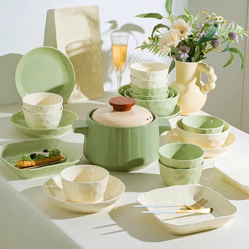 ins 奶油風格 碗碟套裝 陶瓷 餐具 喬遷新居 結婚禮物 碗碟筷碗盤 家用 碗筷 魚盤 方盤