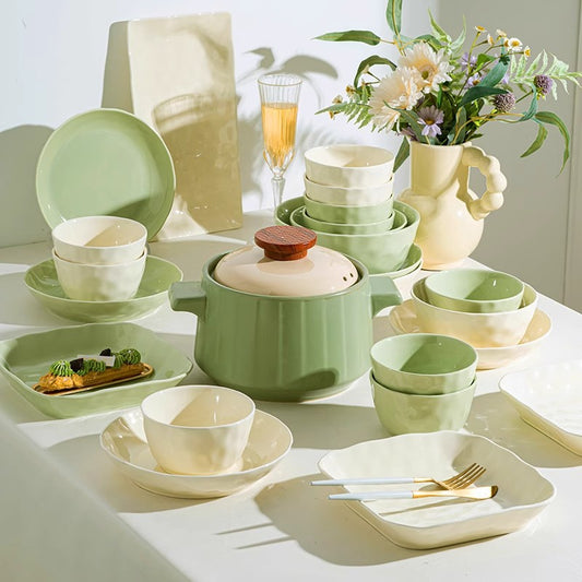 ins 奶油風格 碗碟套裝 陶瓷 餐具 喬遷新居 結婚禮物 碗碟筷碗盤 家用 碗筷 魚盤 方盤