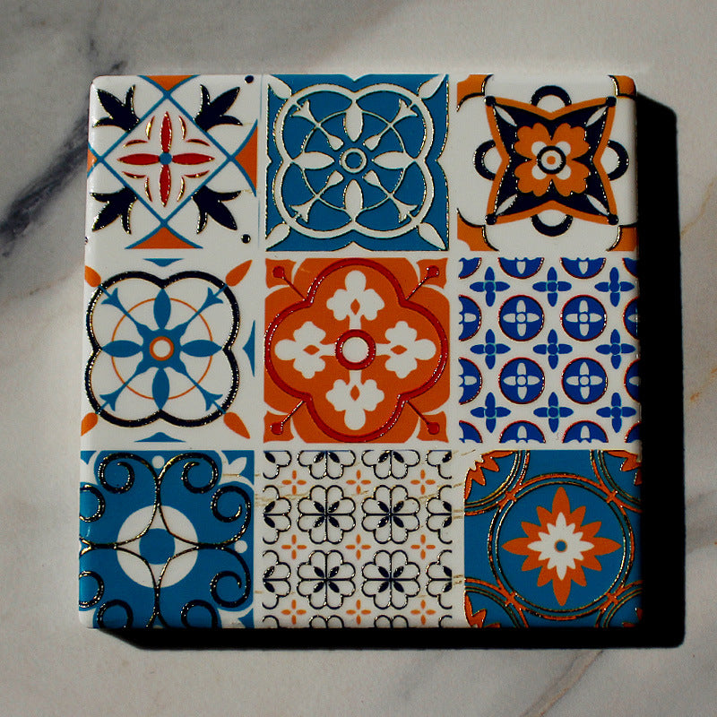 好宅選品 🏠 波希米亞 方形復古杯墊 隔熱墊 花磚 陶瓷咖啡杯墊 桌面裝飾品