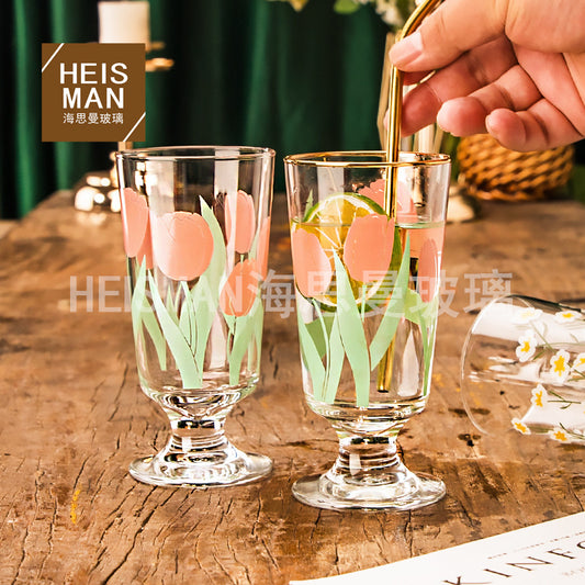 日系高腳貼花玻璃杯 鬱金香金邊水杯 早餐杯 耐高溫 水杯 造型玻璃杯