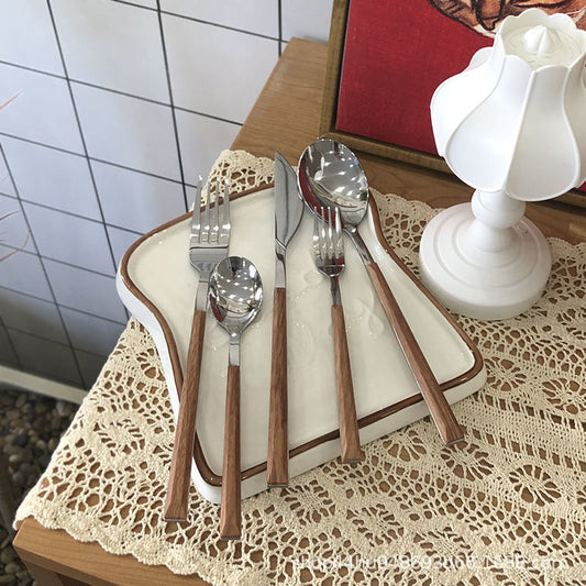 復古創意木柄不鏽鋼牛排刀叉勺餐具ins甜點蛋糕麵包西餐刀叉勺
