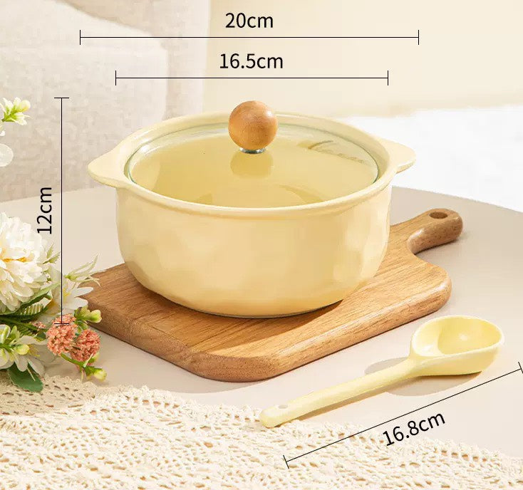 好宅選品 🏠 ins雙耳陶瓷湯碗 帶玻璃蓋 泡麵碗 湯碗 陶瓷 餐具