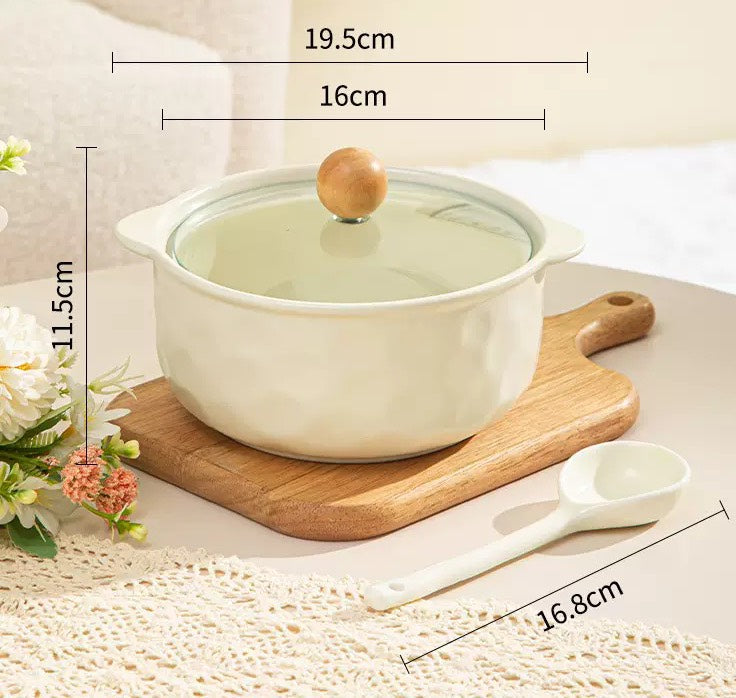 好宅選品 🏠 ins雙耳陶瓷湯碗 帶玻璃蓋 泡麵碗 湯碗 陶瓷 餐具