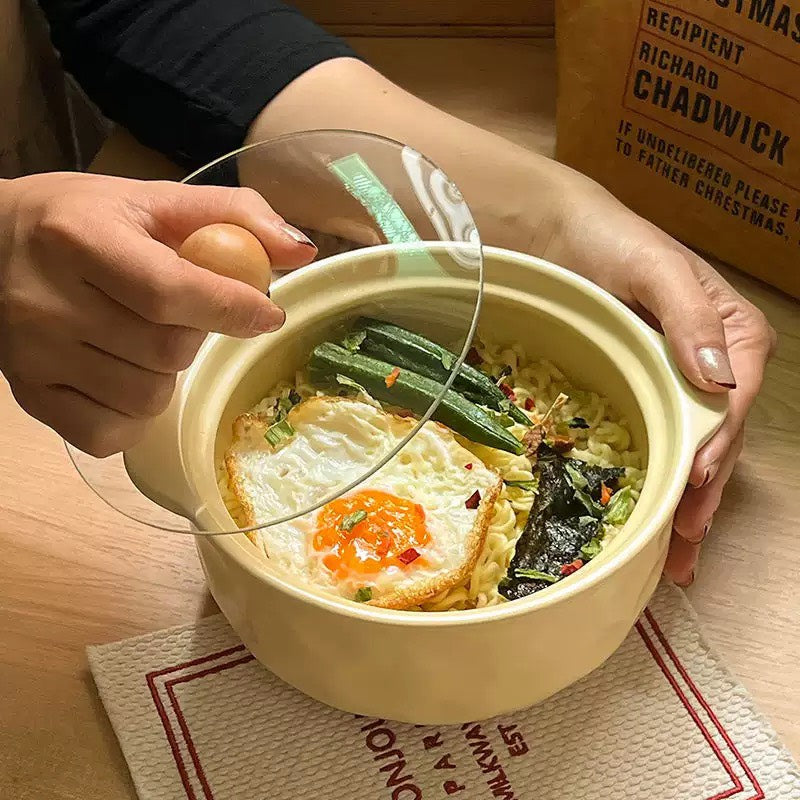 好宅選品 🏠 ins雙耳陶瓷湯碗 帶玻璃蓋 泡麵碗 湯碗 陶瓷 餐具