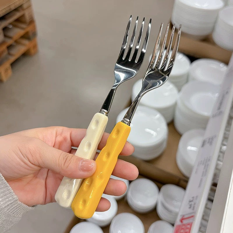 好宅選品 🏠 芝士餐具組 陶瓷柄 不鏽鋼叉匙 叉子 湯匙 西餐餐具