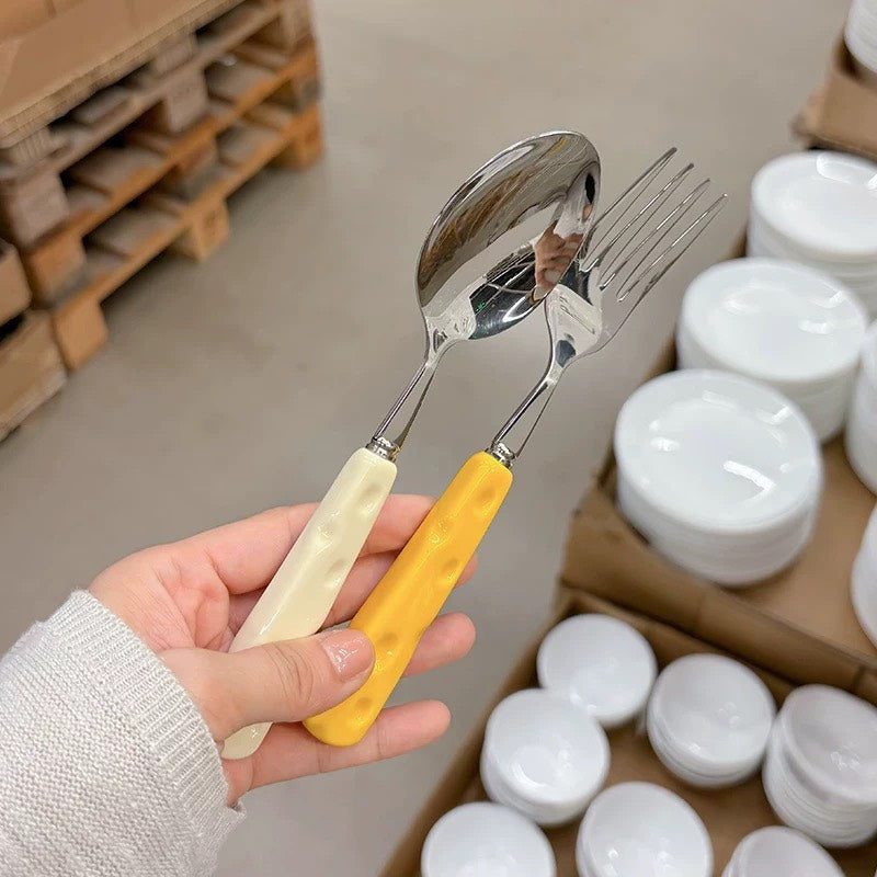 好宅選品 🏠 芝士餐具組 陶瓷柄 不鏽鋼叉匙 叉子 湯匙 西餐餐具