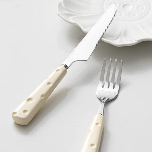 好宅選品 🏠 芝士餐具組 陶瓷柄 不鏽鋼叉匙 叉子 湯匙 西餐餐具