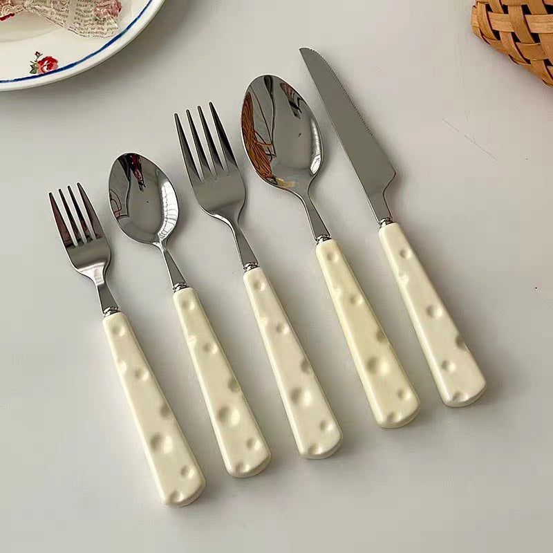 好宅選品 🏠 芝士餐具組 陶瓷柄 不鏽鋼叉匙 叉子 湯匙 西餐餐具