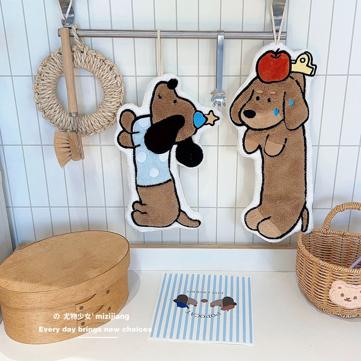 好宅選品 🏠 臘腸狗擦手巾 雙層加厚 珊瑚絨 刺繡 洗手小方巾 掛式毛巾