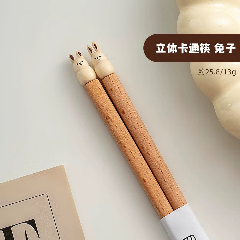 好宅選品 🏠 可愛卡通 小熊 兔子 小狗 小貓 實木筷 家用筷子 情侶 成雙成對 賀禮