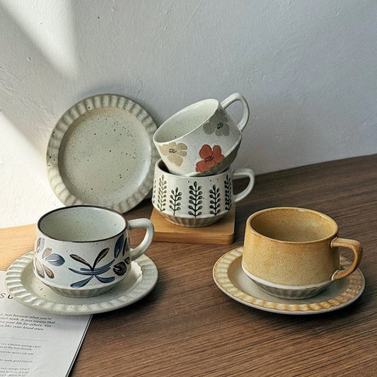 好宅現貨 🏠 日式復古咖啡杯碟 迎春花 唐草 陶瓷杯 水杯 釉下彩 早餐杯 拉花杯