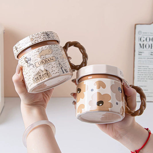 好宅現貨 🏠 復古陶瓷古巴風情 帶蓋杯 咖啡杯 陶瓷杯 早餐杯 馬克杯 生日禮物 水杯