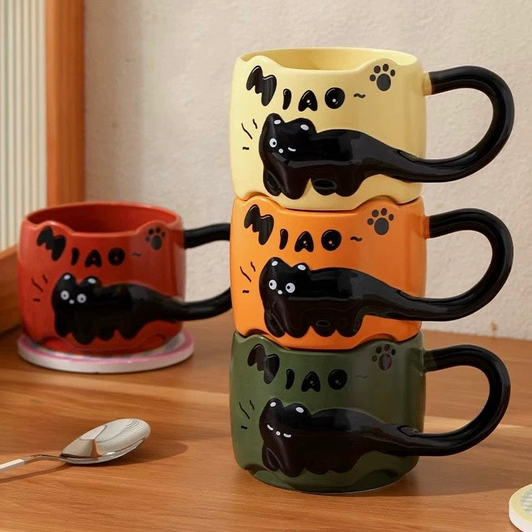 好宅選品 🏠 浮雕貓咪杯 附攪拌棒 陶瓷杯 疊疊水杯 點心杯 早餐杯 馬克杯 生日禮物