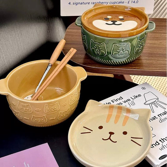 好宅現貨 🏠 刺蝟 貓咪 柴犬 陶瓷盤 泡麵碗 盤蓋 點心杯 大碗公 生日禮物