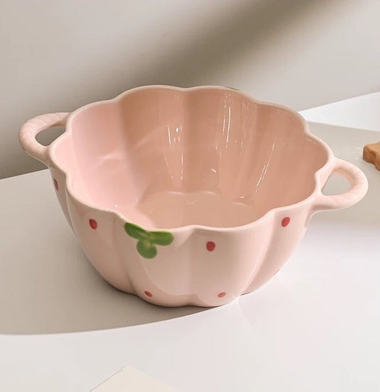 好宅現貨 🏠 草莓陶瓷雙耳湯碗 大碗公 大容量泡麵碗 餐具 南瓜碗 釉下彩