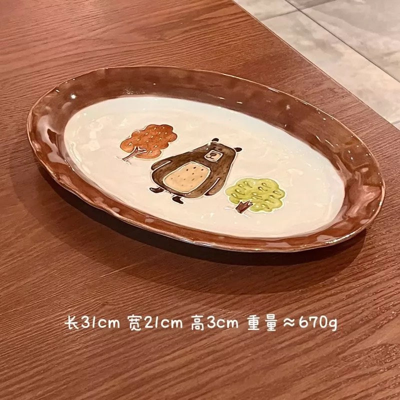 好宅現貨 🏠 熊趣森林 陶瓷 碗盤 餐具 器皿 雙耳碗 魚盤 飯碗 醬料碟 調料碟 釉上彩 早餐碗