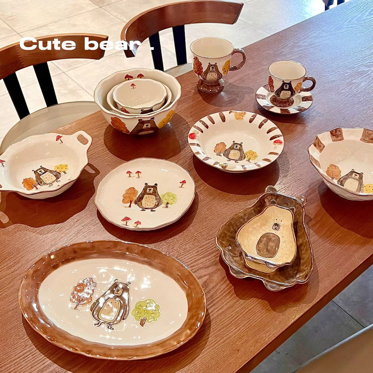 好宅現貨 🏠 熊趣森林 陶瓷 碗盤 餐具 器皿 雙耳碗 魚盤 飯碗 醬料碟 調料碟 釉上彩 早餐碗