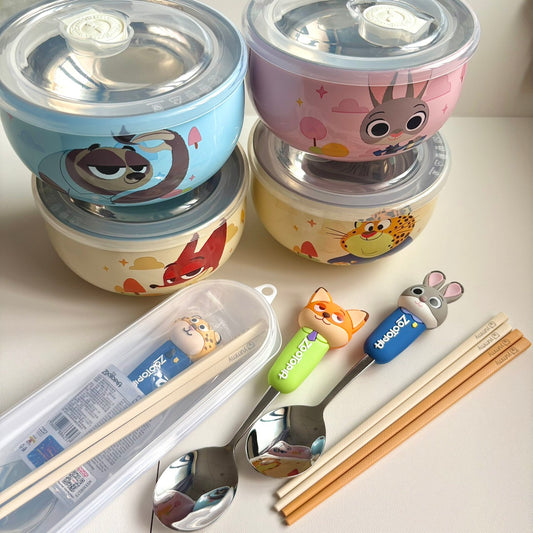 好宅現貨 🏠 動物方城市 316不鏽鋼碗 三色碗 幼兒園 帶蓋碗 餐具 兒童餐具 動物瘋狂城 環保餐具 便攜湯匙 筷子