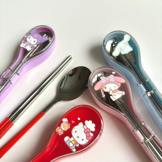 好宅現貨 🏠 三麗鷗 304不鏽鋼  便攜環保餐具 大耳狗 hello kitty 庫洛米 美樂蒂 筷子 湯匙 餐具