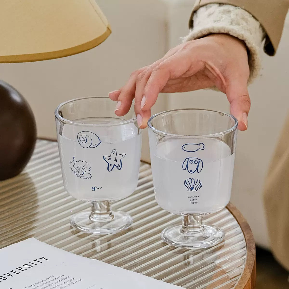 好宅現貨 ⚡ ins 夏天藍 水杯 咖啡杯 早餐杯 耐高溫 造型玻璃杯 高腳杯 矮腳杯 餐具 飲料杯