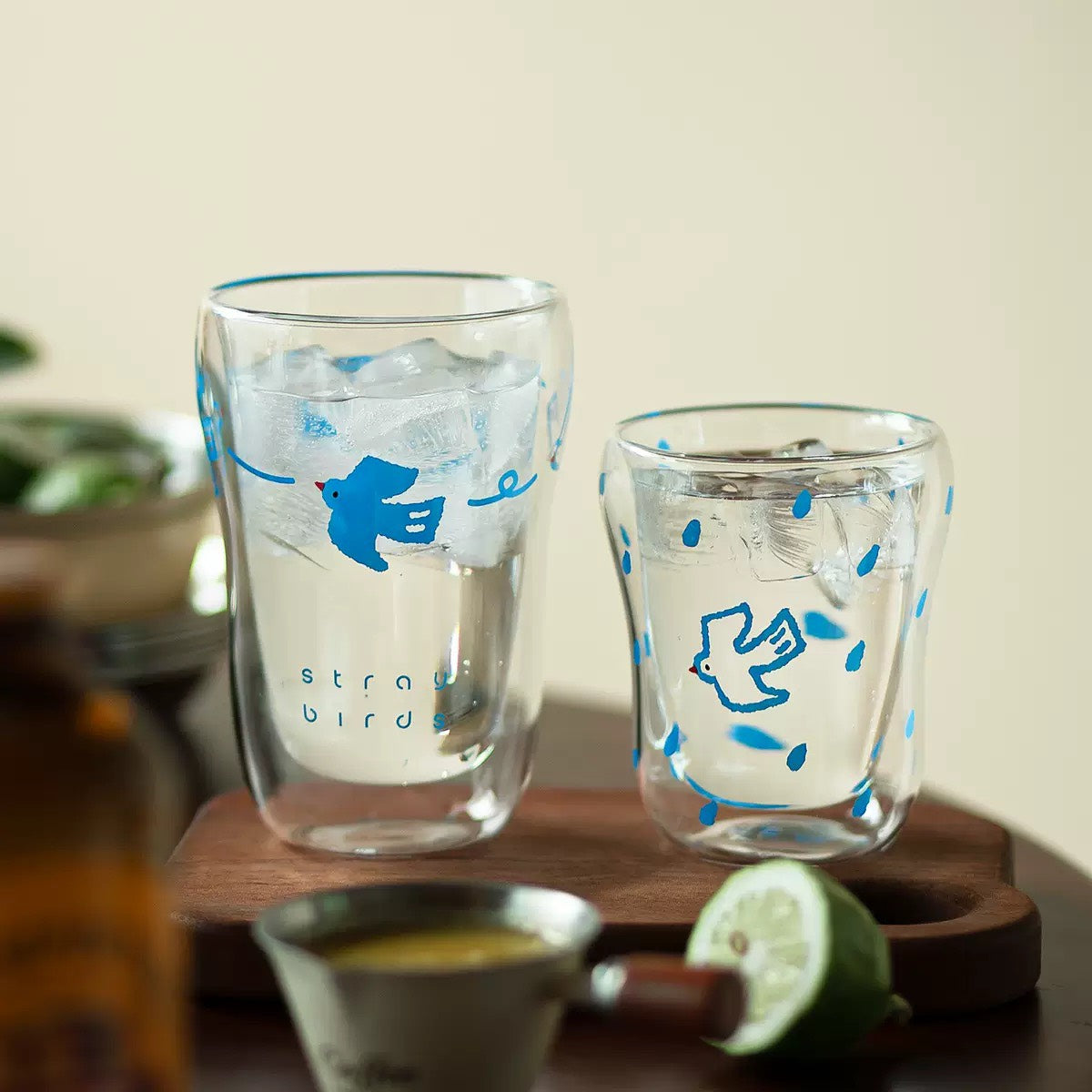 好宅現貨 ⚡ ins 飛鳥系列 雙層玻璃杯 防燙手 夏天藍 水杯 咖啡杯 早餐杯 耐高溫 造型玻璃杯 高腳杯 矮腳杯 餐具 飲料杯