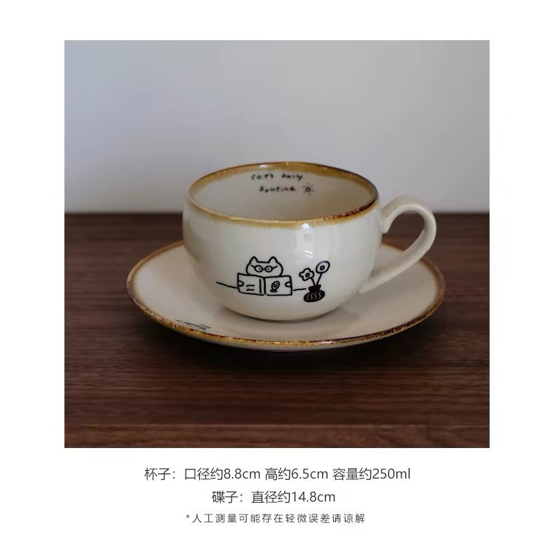 好宅現貨 🏠 閱讀時間 日式復古咖啡杯碟 陶瓷杯 水杯 釉下彩 早餐杯 拉花杯 咖啡杯 甜點盤